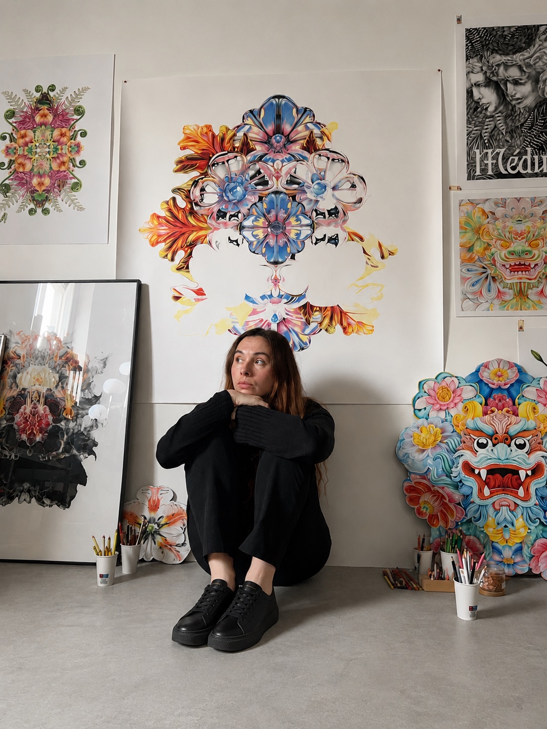 Lou Picault dans son atelier entourée de ses œuvres